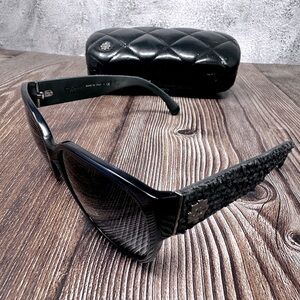 CHANEL Women's Sunglasses Black Blue tweed silver hardware 5237 with Cas…